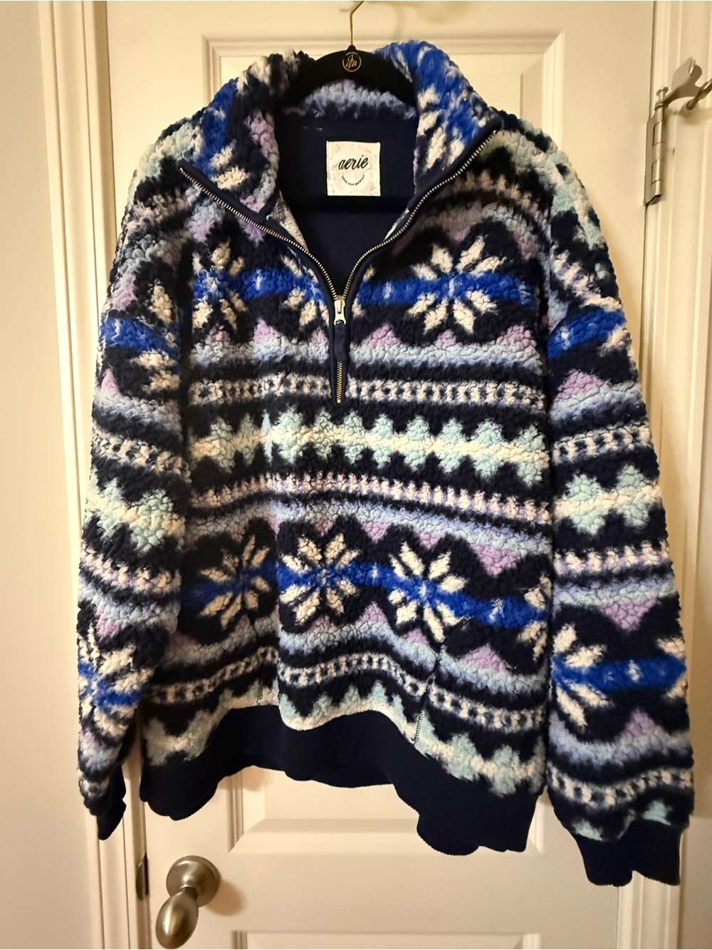 aerie Hometown Holiday Quarter Zip Sweatshirt, Cloud Sherpa, Fair Isle Pattern